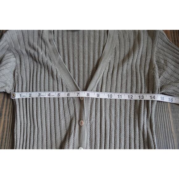 Vintage 90s Cardigan Sweater Womens Small Taupe Silk Rib Knit Minimalist Neutral - Picture 5 of 7